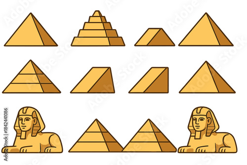 Various styles of pyramids and the sphinx are illustrated in a clear, colorful design showcasing Egyptian themes and architecture