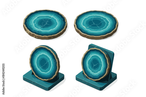 Colorful coasters made of resin featuring layered blue and green patterns with a natural edge design suitable for home decor