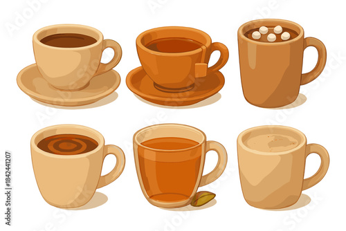 Variety of hot beverages displayed in cozy ceramic cups on white background