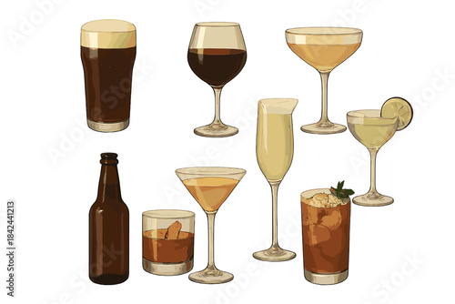 Various drinks arranged on a white background showcasing cocktails, beer, and non-alcoholic beverages