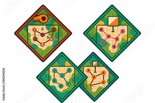 Game of strategy with colorful maps showing various paths and objectives for players at outdoor events