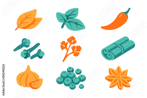 Colorful collection of herbs, spices, and vegetables arranged in a vibrant and artistic display suitable for culinary use