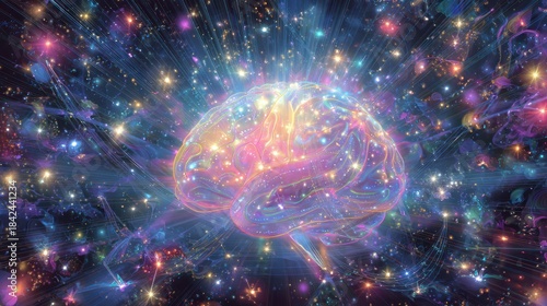 Brain's Cosmic Symphony: A mesmerizing display of neural activity in a human brain, exploding with vibrant energy and cosmic elements, symbolizing intelligence, creativity, and boundless thought.