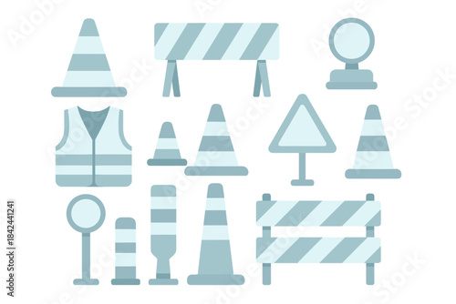 Traffic safety symbols and equipment including cones, barriers, and vests for construction sites