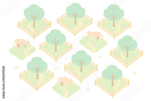 Exploring a peaceful farm layout with trees, fences, and grazing cows in a serene green landscape during a sunny day