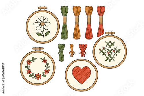 Colorful embroidery kit featuring floral designs and various thread colors for crafting enthusiasts