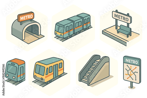 Metro station elements with trains and signage in a simple, colorful design showcasing transportation and urban life