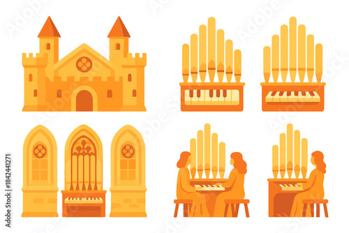 Colorful castle and organ representations with musicians playing together in an artistic setting