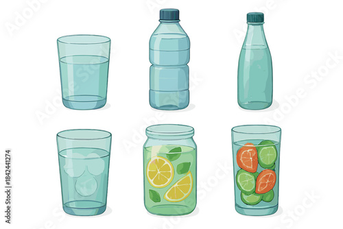 Different types of clear containers filled with water, lemon, and lime, ready for a refreshing drink