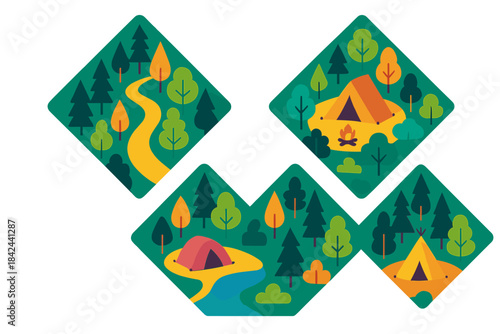 Nature scene featuring a winding path, camping tents, and vibrant trees illustrating outdoor adventure and exploration