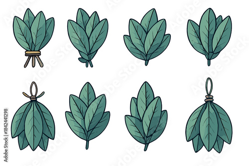 Different types of leaves in various shapes and sizes displayed in a simple, artistic style
