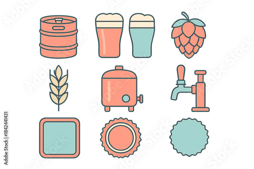 Unique icons representing beer brewing process with kegs, glasses, hops, and brewing equipment displayed in a creative layout