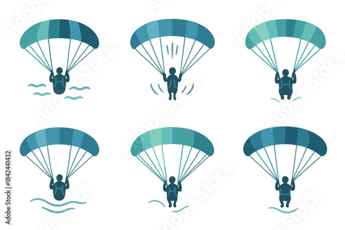 Colorful illustrations of parachute descent showing different stages of landing on water and ground