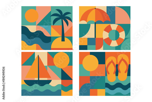 Colorful summer collage featuring beach themes with palm trees, umbrellas, and nautical elements for a vibrant mood