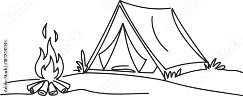 Camping tent and campfire doodle sketch line art illustration