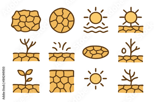 Illustrative patterns of cracked earth and sun symbols representing drought and nature's resilience