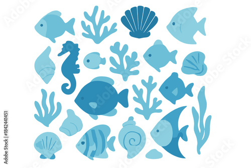 Colorful underwater scene featuring various fish, corals, and shells in shades of blue, ideal for marine-themed decorations