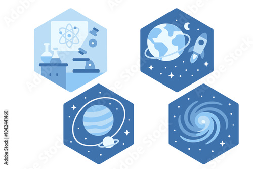 Educational science illustrations featuring space exploration, planets, and microscopic studies