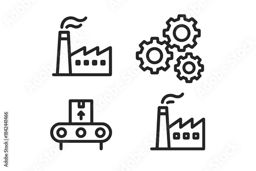 Factory icons representing manufacturing processes and industrial equipment