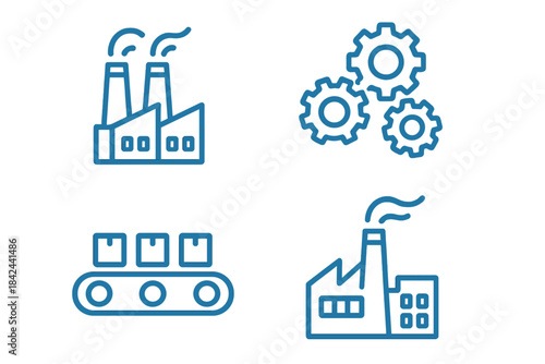 Industry icons featuring factories, conveyor belts, and gears representing manufacturing processes and machinery