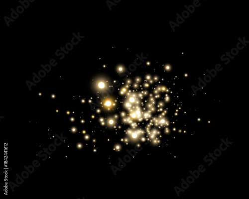 Gold particles, stars magic sparks. Glow flare light effect. Yellow luminous points. Vector particles on black background.