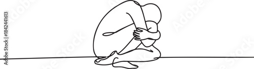 Continuous line drawing of sad woman embracing her knees minimal art style