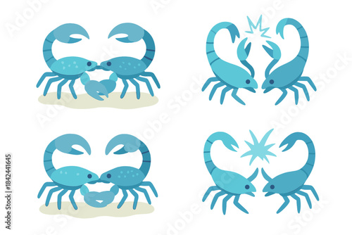 Colorful illustrations of scorpions in playful confrontations on a sandy background