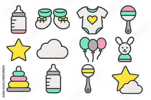 Colorful baby items and toys arranged on a white background for celebrations or nursery decorations