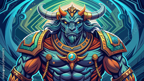Very beautiful depiction of a bull-headed warrior creature from ancient legends, showing muscular anatomy, labyrinth symbolism, dynamic stance, and clean vector lines ideal for fantasy illustrations 
