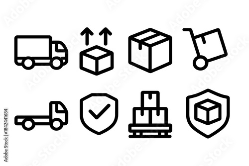 Variety of delivery and shipping icons representing logistics activities and packaging essentials used in the transportation industry