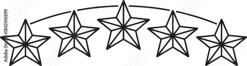 Five stylized line art stars arched in a decorative row great for rating or ranking systems on transparent background