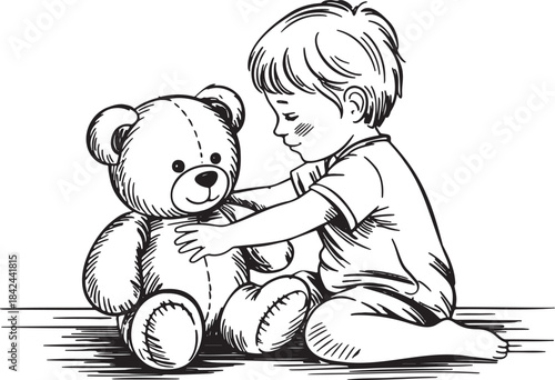 Little boy sitting on floor hugging his teddy bear hand drawn sketch