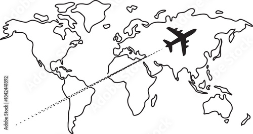 Single line drawing world map and airplane traveling global journey route dotted line vector graphic illustration