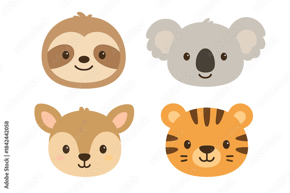 Fototapeta premium Cute animal cartoon heads including a sloth, koala, deer, and tiger in a fun, playful style suitable for children's illustrations