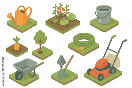 Garden tools and plants arranged in a colorful layout suitable for spring gardening activities