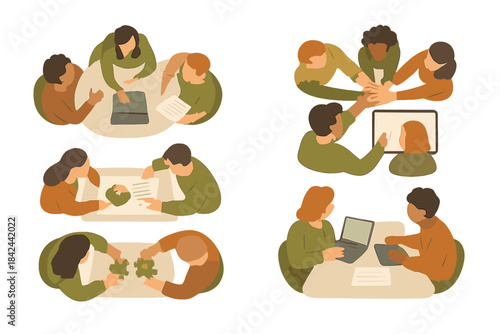 Group collaboration in a modern workspace with diverse individuals engaged in various discussions and activities