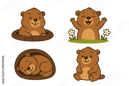 Four cute cartoon bears engaging in different activities in a playful and cheerful setting