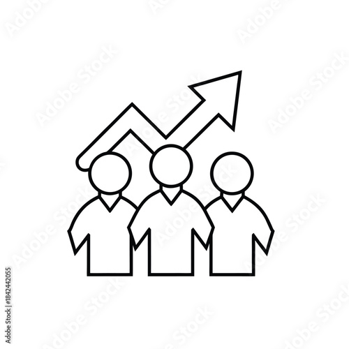 Team with Upward Arrow Line Drawing in Black and White – Minimal Group Growth and Performance Icon
