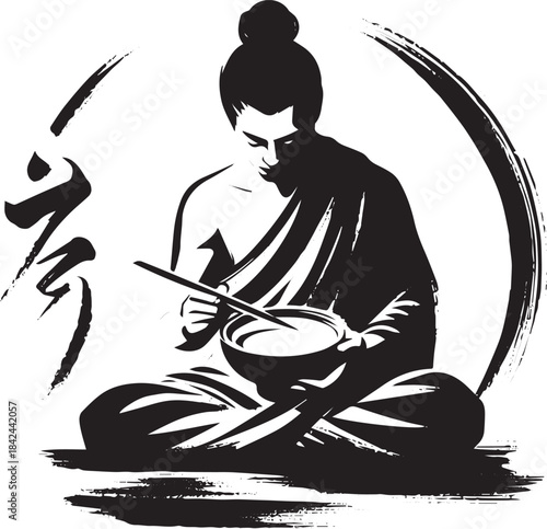 Monochrome Sumi-e Illustration of a Meditative Man with Alms Bow