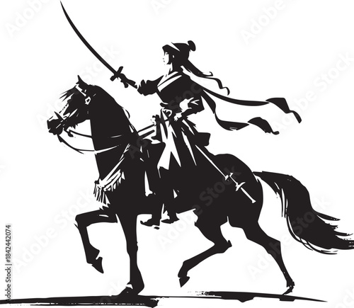 Dynamic Ink Illustration of a Mounted Female Warrior with Raised