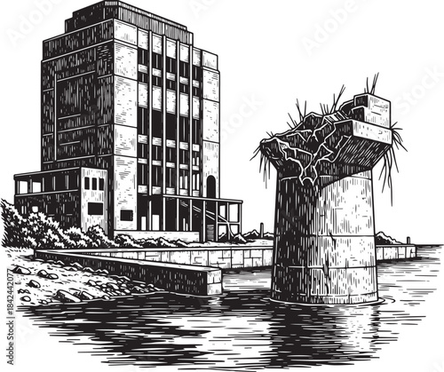 Monochrome illustration of abandoned urban landscape etching sty