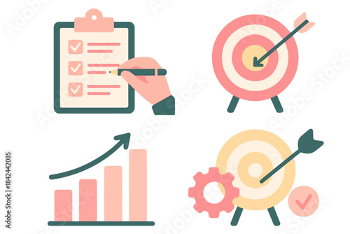 Creative representation of business planning and goal setting with charts, targets, and checklists