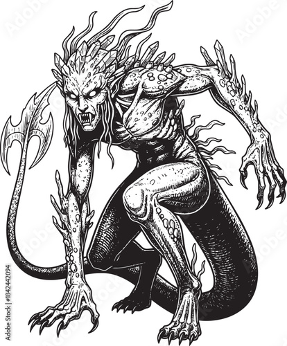 Engraved Illustration of a Crystaline Monster, fantasy art conce