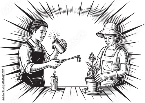 Engraved Illustration of Gardeners Nurturing Plants with Care an