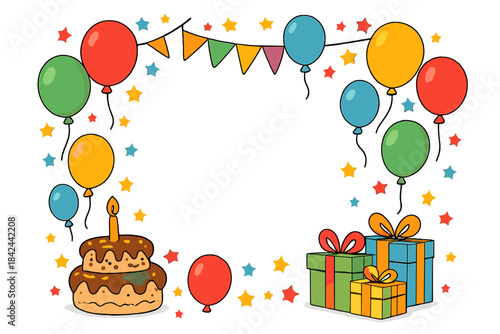 Brightly colored birthday frame featuring party balloons, tiered cake, and wrapped gift boxes