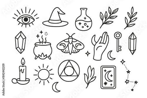 Mystical esoteric symbols collection featuring magic, celestial objects, and witchcraft elements