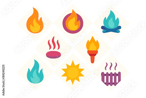 Collection of thermal icons featuring flames, sun, campfire, torch, and radiator