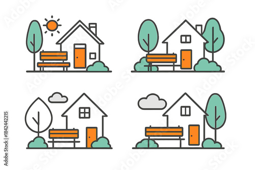 Simple graphic icons set depicting suburban houses, park benches, trees, and natural elements