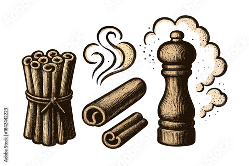 Illustration of spices including cinnamon sticks, peppermill, and aromatic swirls in a vintage style