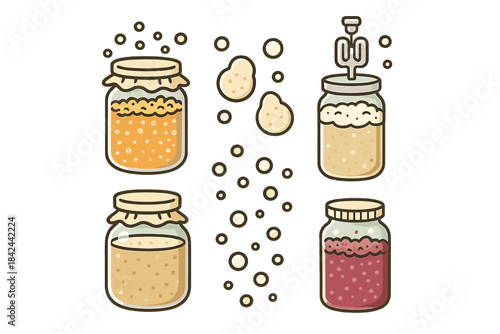 Jars of fermented ingredients display diverse colors and textures in a kitchen setting during the fermentation process
